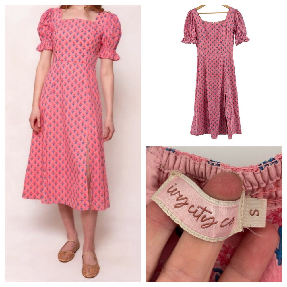 Ivy City Co Pink Floral Cottage Dress Small Puff Sleeve Somerset Style Milkmaid